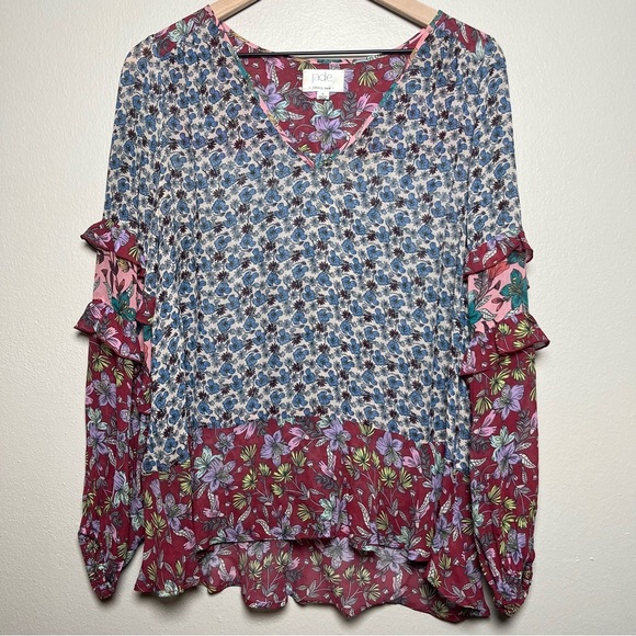 Johnny Was Jade Women Blouse Small Ditsy Floral Ruffle Ballon Sleeve Boho Sheer - Picture 1 of 9